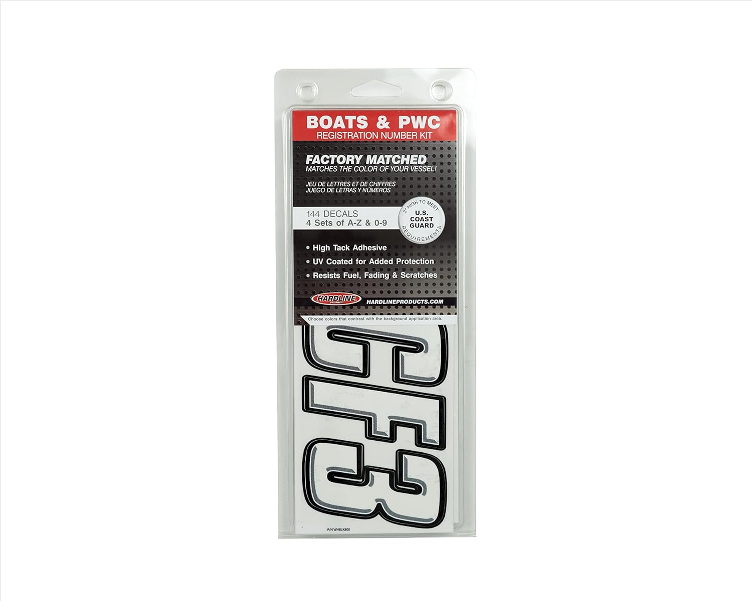Hardline Products USA Series 800 Boat Registration Number Kit – 3-Inch White & Black Marine Lettering – USCG Compliant – Fuel & Fade Resistant Vinyl Decals for Boats & PWCs – Complete Set A-Z 0-9