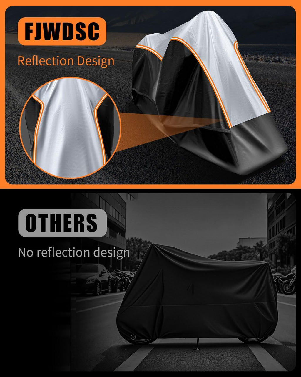Full Enclosed Large Motorcycle Cover Waterproof Outdoor/Indoor Storage Motorcycle Cover Heavy Duty with Reflective Strips Fits Motorcycles Length up to 118" with Side+Top Box (Black+Sliver)