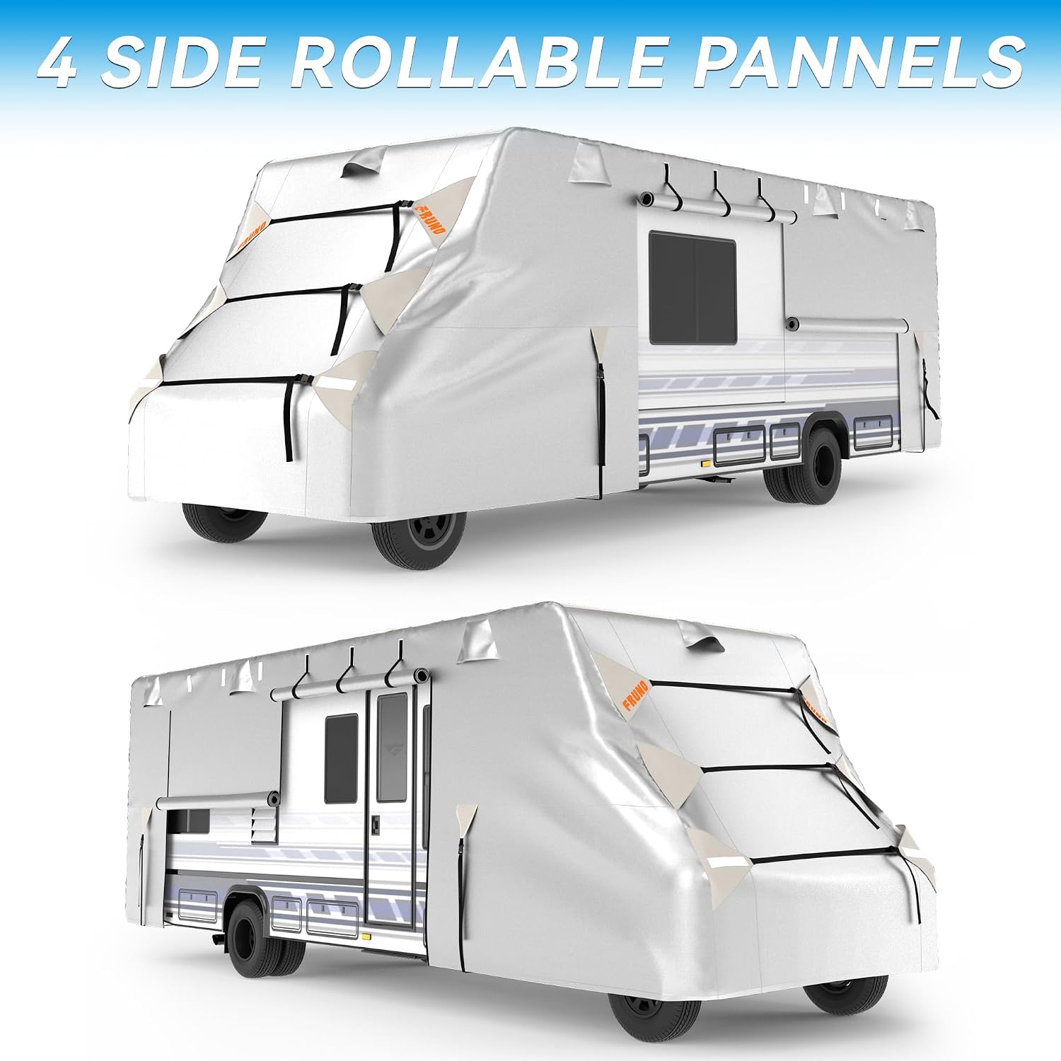 FRUNO Oxford Fabric Class C RV Cover Fits 23'-26' Waterproof Rip-Resistant Anti-UV Motorhome Camper Cover for Winter Snow with 4 Tire Covers and Gutter Covers
