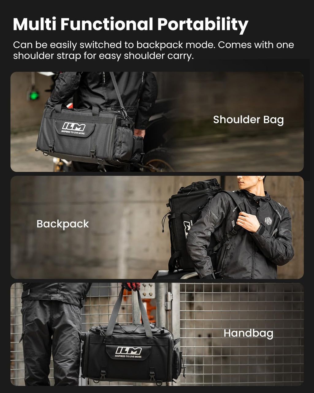 ILM Motorcycle Tail Bag 50-70L Travel Luggage Motorbike Rear Rack Trunk Shoulder Backpack with Rain Cover Model BL02