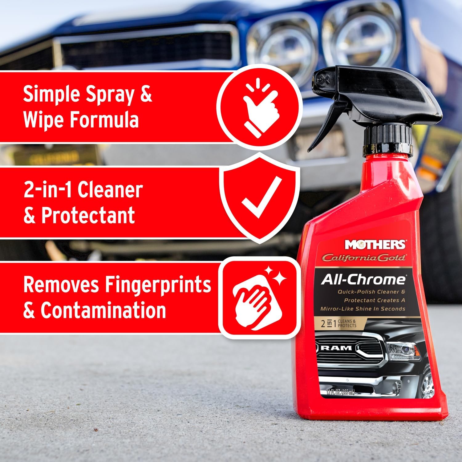 Mothers California Gold All-Chrome, 12 oz. – Cleans & Polishes Chrome, PVD & Chromed Plastics, Removes Fingerprints, Bugs, Water Spots & Smudges, Leaves a Brilliant Shine & Protective Barrier (05222)