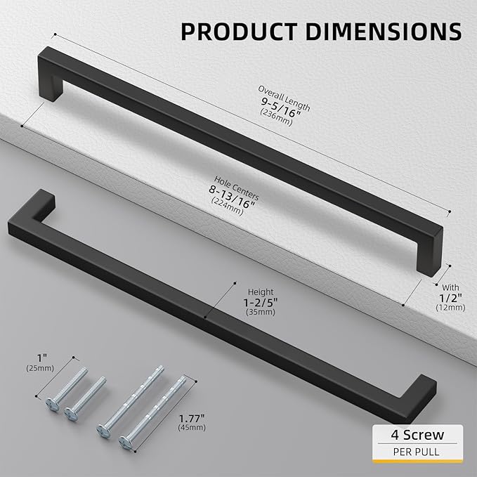 Goldenwarm 2 Pack Black Square Bar Cabinet Pull Drawer Handle Stainless Steel - Image 2