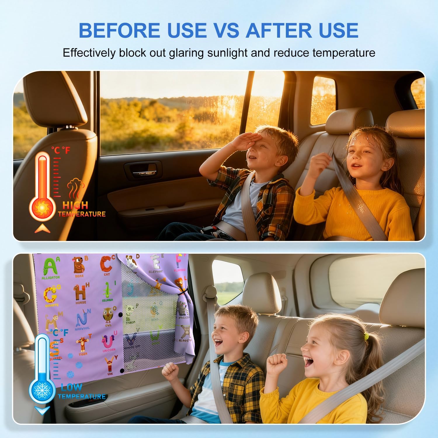 Car Window Shades, [Upgraded] 8 Strong Magnets Magnetic Side Window Sun Shade [2 Pack] - Dual Layer UV Ray Protection Car Sunshade for Baby, Kids & Pets.Animal Alphabet Pattern
