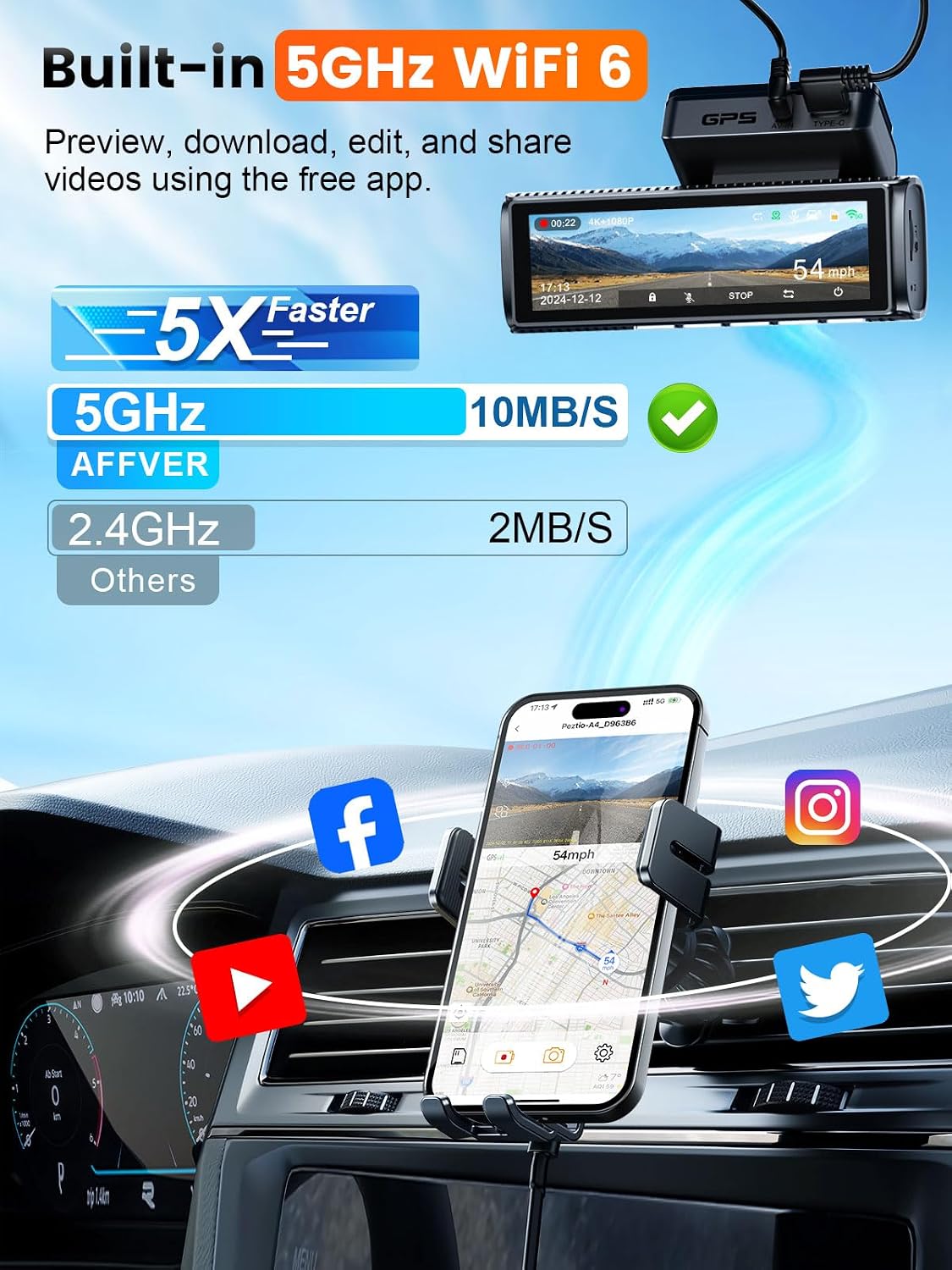 affver 4k+2.5k dash cam front and rear, built-in, side view