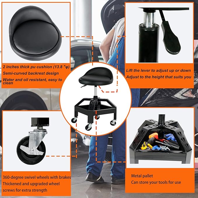 Garage Shop Rolling Seat, Heavy Duty Adjustable Rolling Mechanic Stool - Image 5