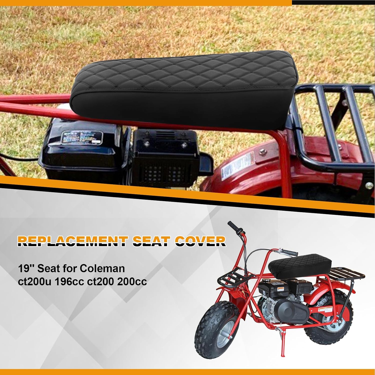 Diamond Stitch Seat Cover Replace for 19″ Coleman CT200u 196cc CT200 200cc Mini Bike, Heavy Duty Microfiber Leather, Black