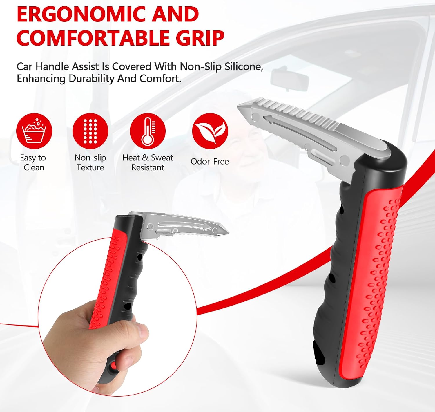 Kaiedos Car Door Handle for Elderly, 3-in-1 Car Handle Assist for Seniors, Portable Auto Cane Vehicle Support Handle, 500 lbs Capacity, Non-Slip Door Assist Bar (Red)