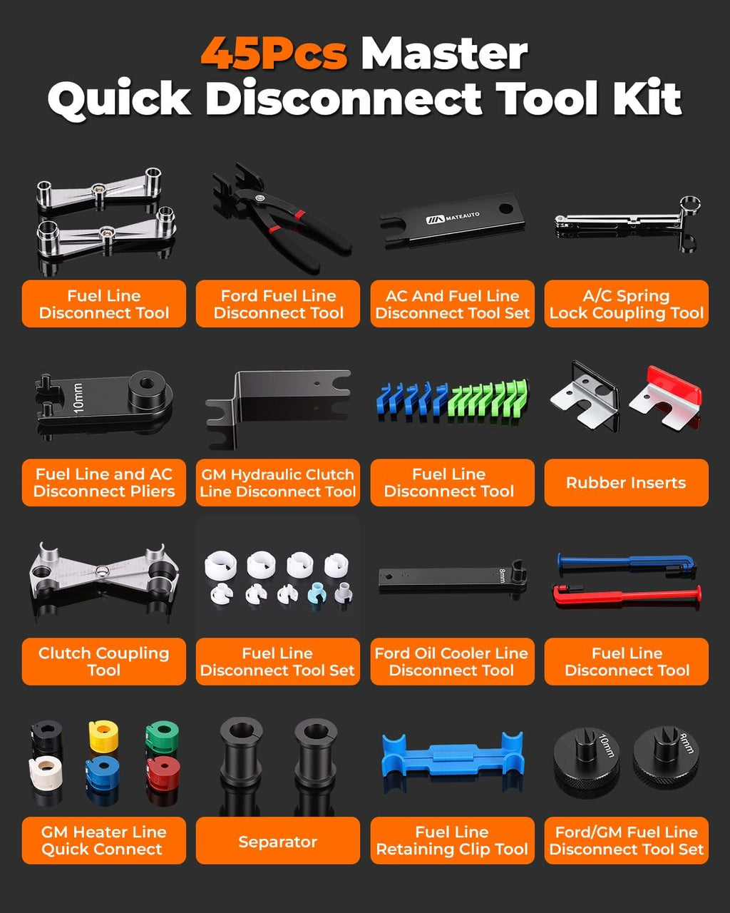 45 piece fuel line disconnect tool set, close-up detail
