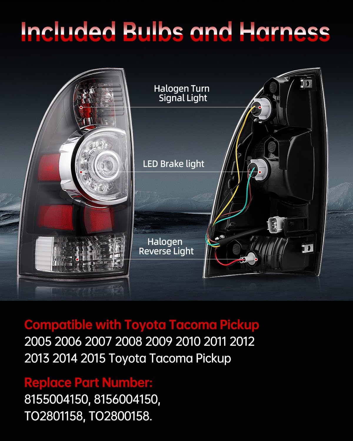 OKLPF LED Tail Light Compatible With 2005 2006 2007 2008 2009 2010 2011 2012 2013 2014 2015 Toyota Tacoma Pickup,Replace Rear Brake Smoked Taillight Assembly with Bulb and Harness,Black Housing