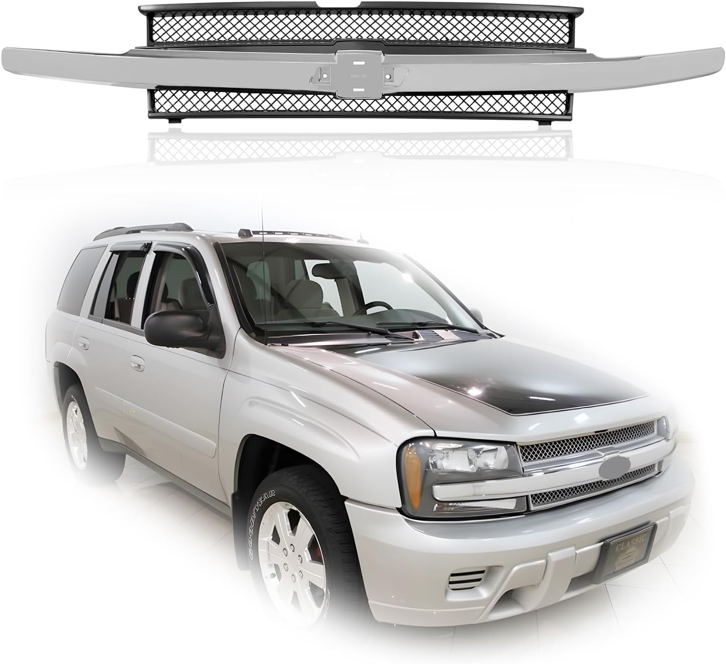CarPartsDepot Front Grille Chrome Center Bar With Dark Gray Mesh Compatible With 2002-2005 Chevy Trailblazer GM1200477 10358128