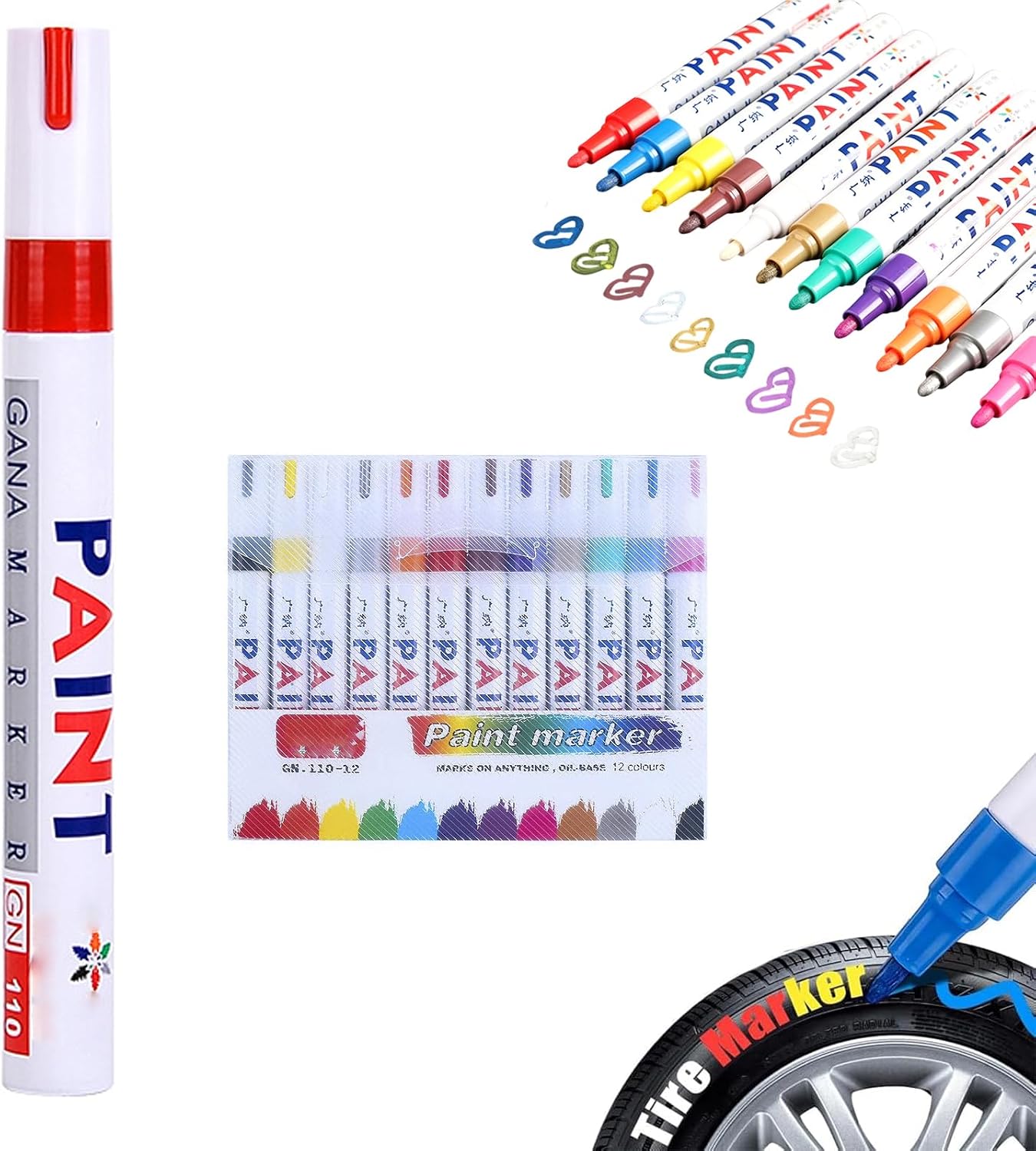 Oil-Based Tire Lettering & DIY Detail Pen, 12 Colors Waterproof Tire Paint Pen, Quick Dry Permanent Oil Based Paint Markers, Strong Coverage, for Wood, Plastic, Stone, Metal (Red)