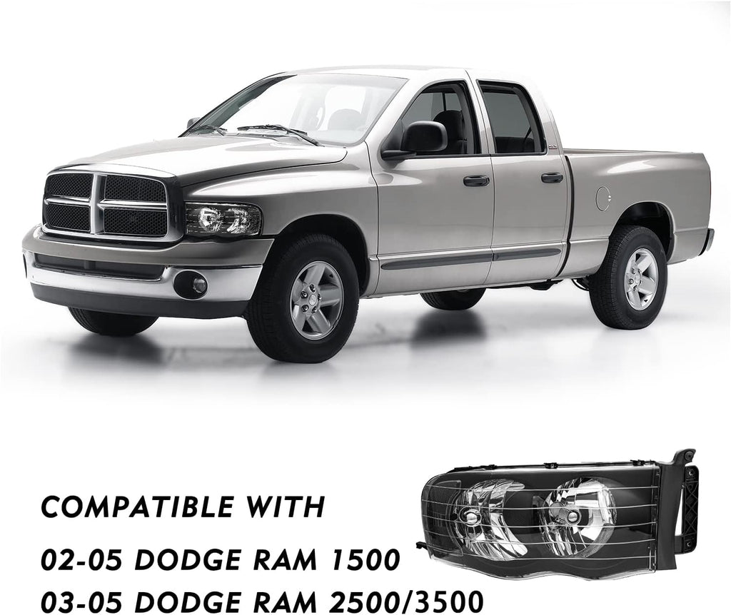 TUSDAR Headlight Assembly Fit for 02-05 Dodge Ram 1500 2500 3500 Pickup Replacement Halogen Headlamp Driver and Passenger Side Pair