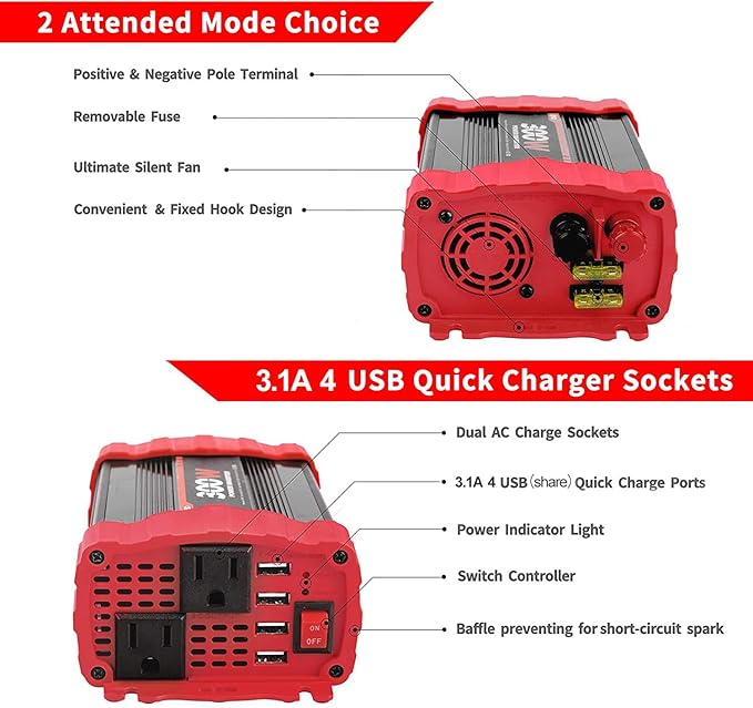BYGD 300W Car Power Inverter, DC 12V to 110V AC Vehicle Plug Adapter Converter - Image 5