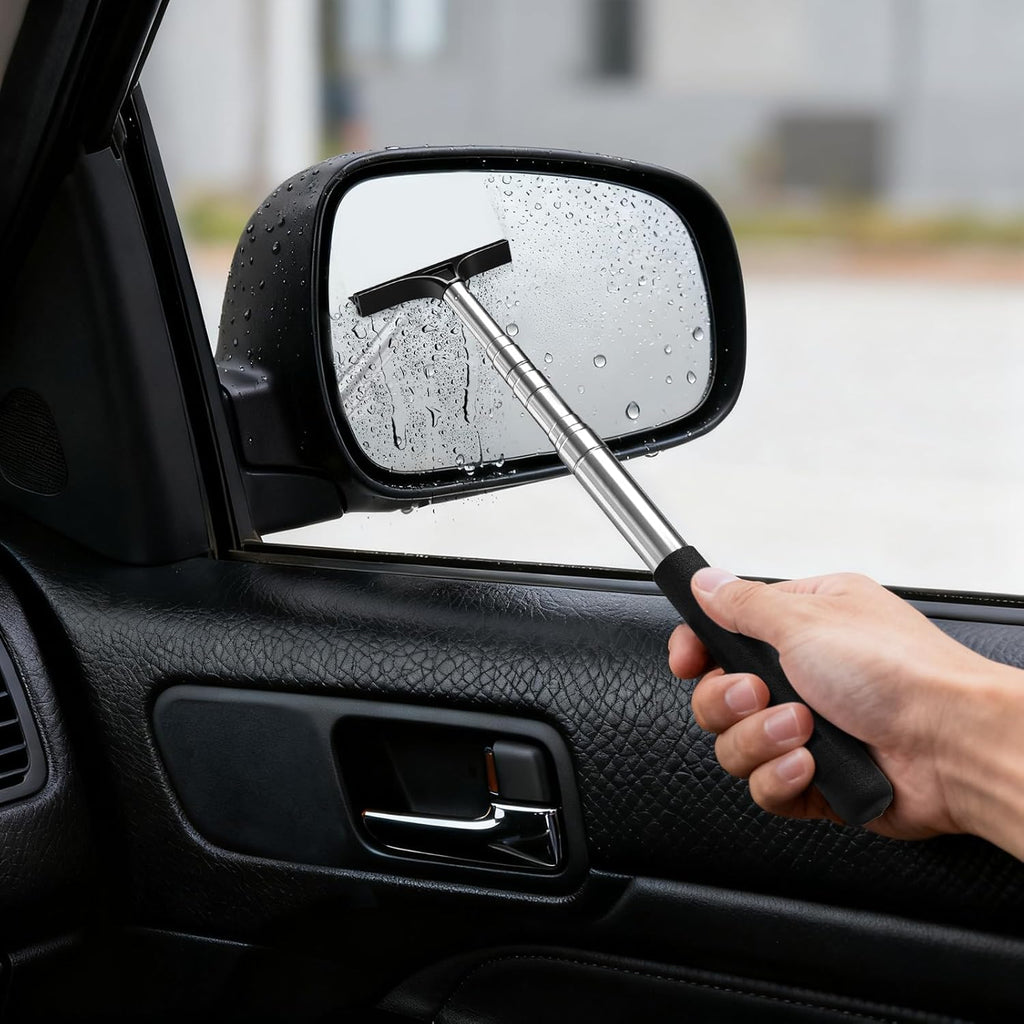 Side Mirror Squeegee, Car Mirror Squeegee, Retractable Car Rearview Mirror Wiper for All Vehicles, Universal Automotive Accessories, 38.6 Inch Handle - Black