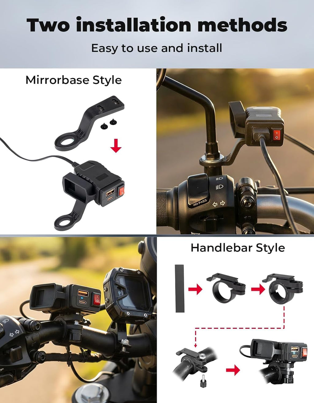 KEMIMOTO Motorcycle USB Charger with USB-C and USB-A Ports, 61-Inch Extra-Long IP66 Waterproof Cable, 30W 3.0 Fast Charging for Phone GPS, On/Off Switch, SAE 5A Fuse, Fits 7/8" Handlebars on ATV, UTV