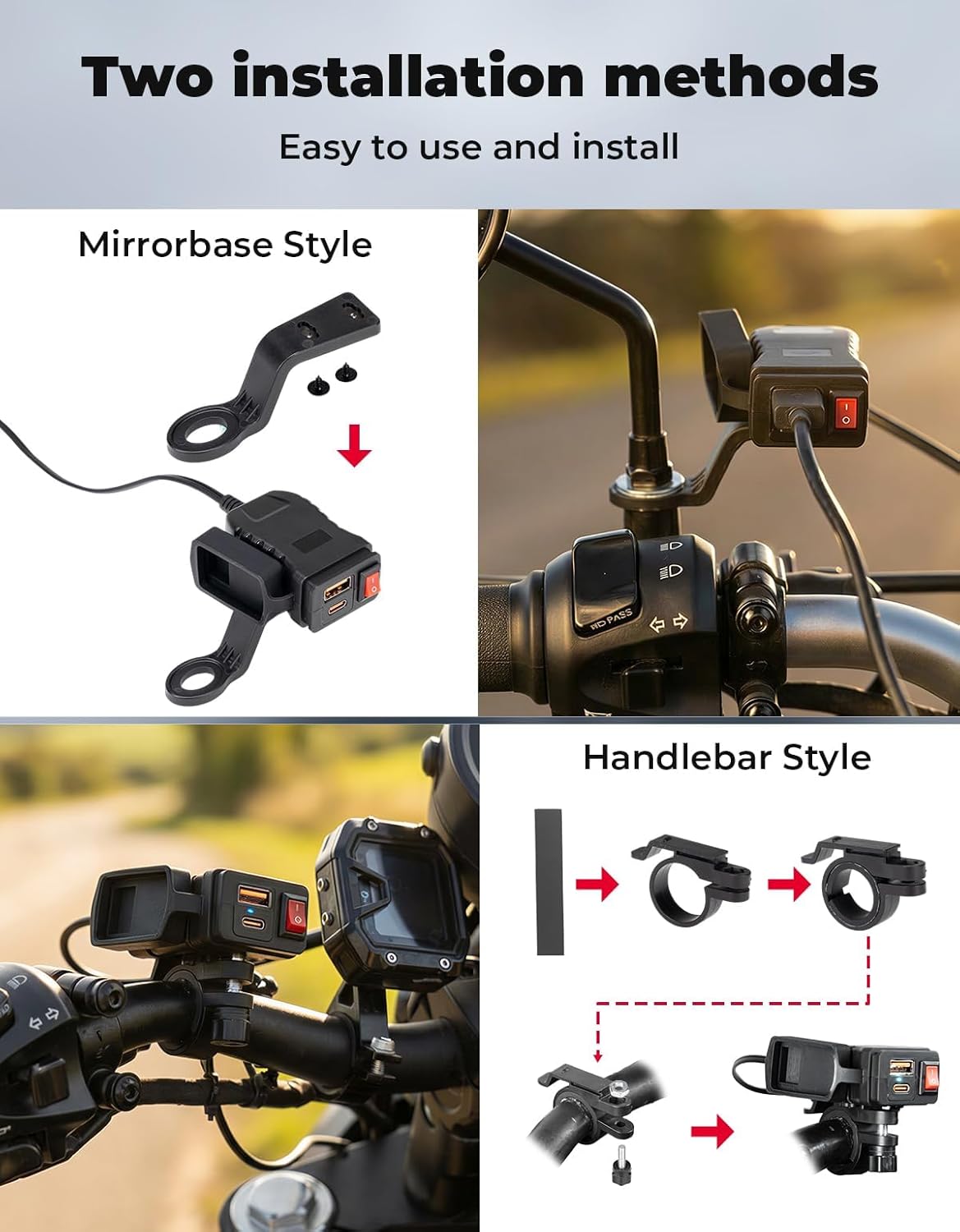 KEMIMOTO Motorcycle USB Charger with USB-C and USB-A Ports, 61-Inch Extra-Long IP66 Waterproof Cable, 30W 3.0 Fast Charging for Phone GPS, On/Off Switch, SAE 5A Fuse, Fits 7/8" Handlebars on ATV, UTV