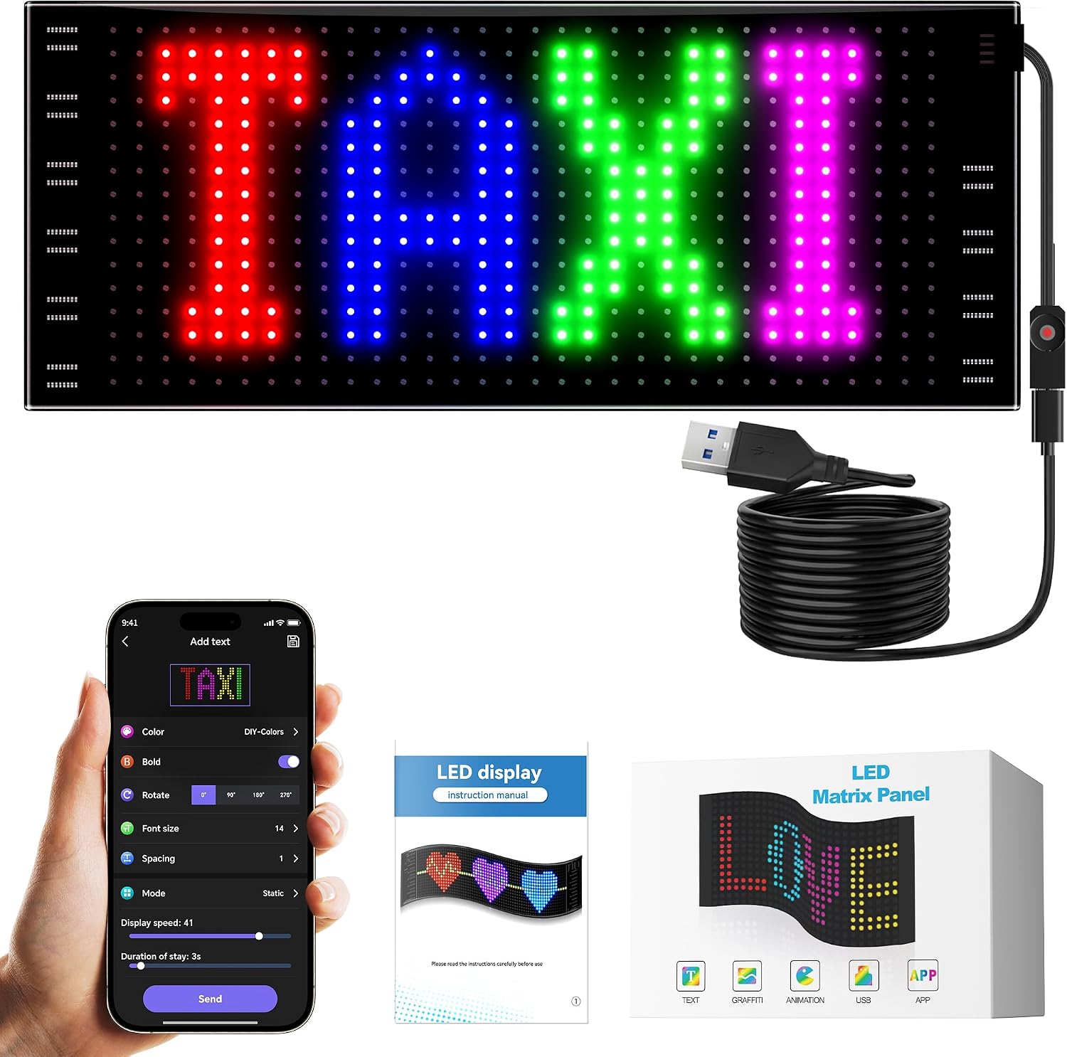 Front Windshield Light Signs for Car | Programmable LED Car Sign | Taxi Flexible LED Advertising Sign | Bluetooth APP | Custom Editor Animations/Text