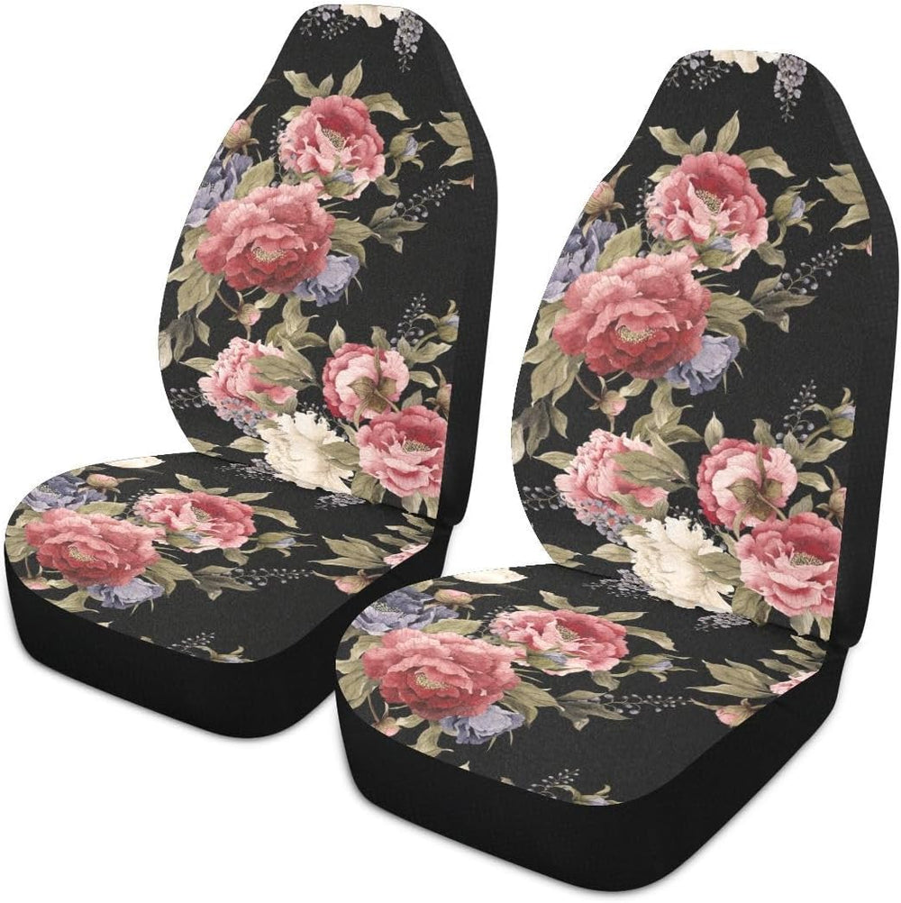 Dark Vintage Floral Flowers Print Car Seat Covers Set of 2,Seamless Floral Pa...