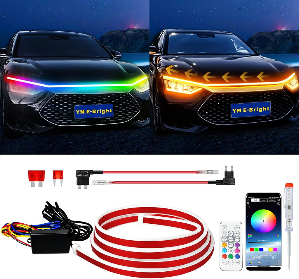 RGB Hood Light Strip with Sequential Turn Signal Indicator Function Waterproof