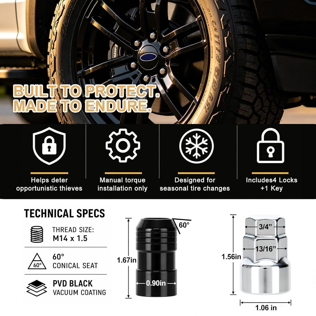 24216 M14x1.5 Cone Seat Wheel Locks19/21mm Hex Fit for GM/Ford/Tesla/Dodge | Set of 4. PVD Black Finish, Anti-Theft Lug Nuts,Alloy Steel,For 60° Conical Seat Wheels Only,Unique Security Key Design