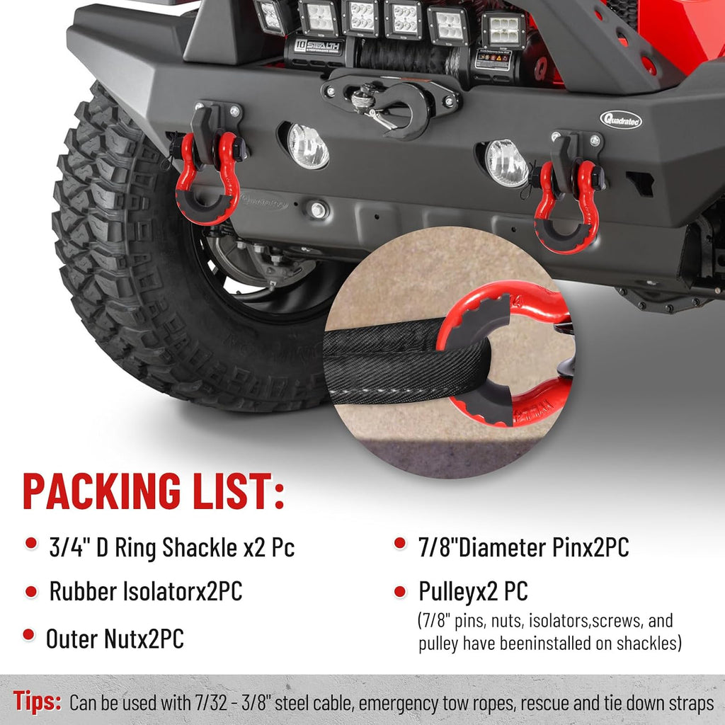 3/4" D Ring Shackle with Upgraded Snatch Blocks,57,000 lbs(28.5 Ton) Maximum Break Strength Heavy Duty Shackles with 7/8" Screw Pin for Tow Strap Winch Off Road Vehicle Recovery,2pack Red
