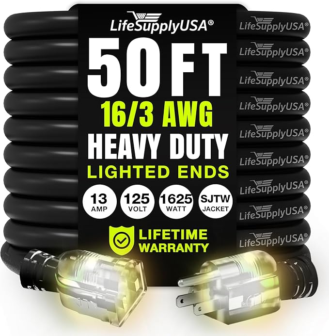 50ft Outdoor/Indoor Extension Cord 16/3 Gauge Heavy Duty 3 Prong SJTW, by LifeSupplyUSA