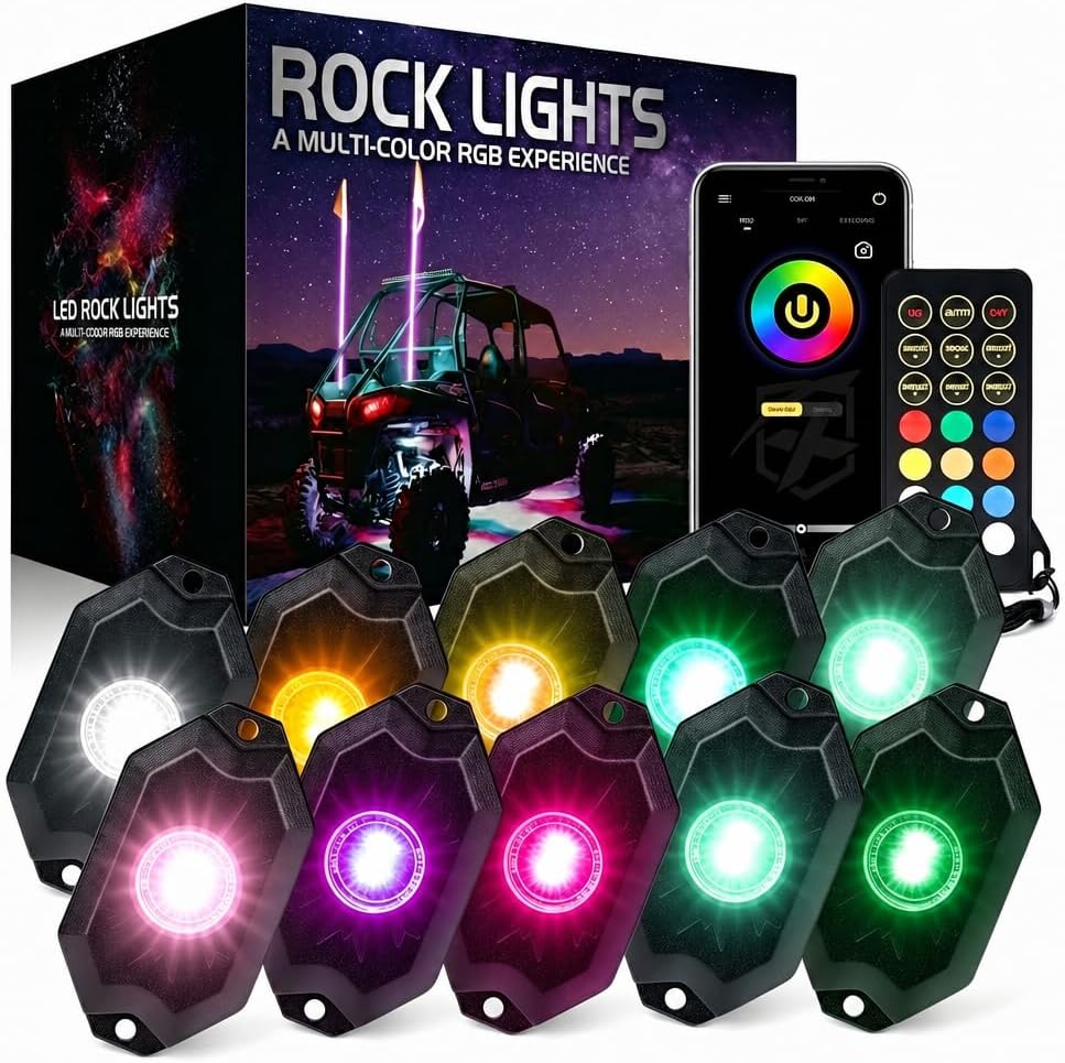Xprite Colorful LED Rock Lights Kit with Bluetooth & Wireless Remote Controller, Multicolor Cars Underglow, Wheel, Footwell Neon Light Kits, for Off-Road UTV ATV Trucks SUV Motorcycle Boats - 10 Pods