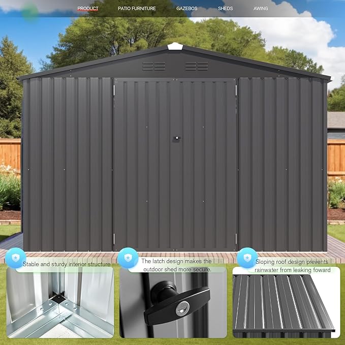 AECOJOY 10' x 8' Shed, Outdoor Metal Storage Shed, Dark Grey Sheds & Outdoor - Image 2
