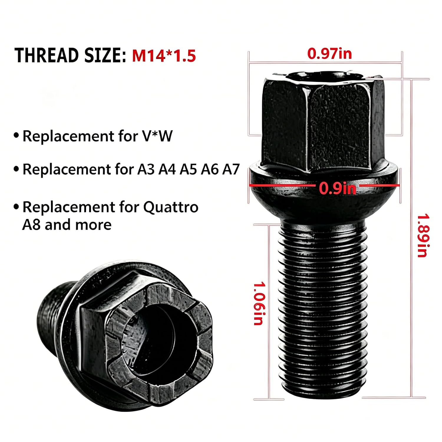 5Pcs WHT002437 Wheel Lug Nut Bolts M14x1.5 8D0601139D Wheel Lug Bolt | Replacement for VW Golf Jetta Passat Beetle CC for Audi A3 A4 A5 A6 A7 Quattro A8- Front or Rear Side (Black)