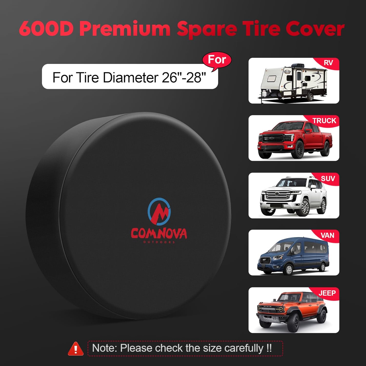 Comnova Spare Tire Cover - Tough Tire Wheel Protector for Car, SUV, Truck, Travel Trailer, Motorhome, Camper, Heavy Duty Waterproof Sun Rain Snow Protector Cover, Fits Tire Diameters 26-28 Inch