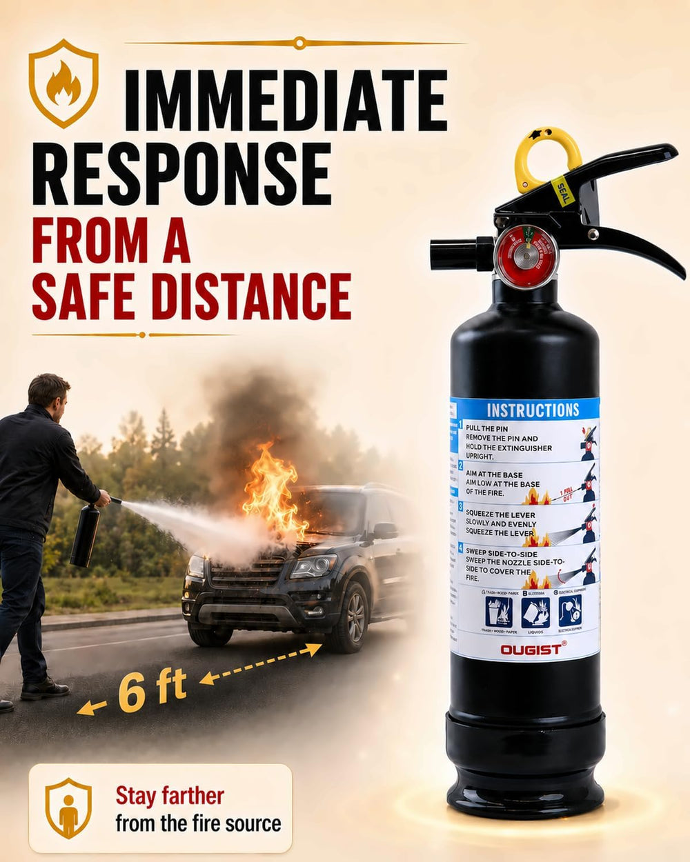 Ougist Car Fire Extinguisher, 1-A:10-B:C, FF1KG, 2.5lb Dry Chemical, 1 Pack
