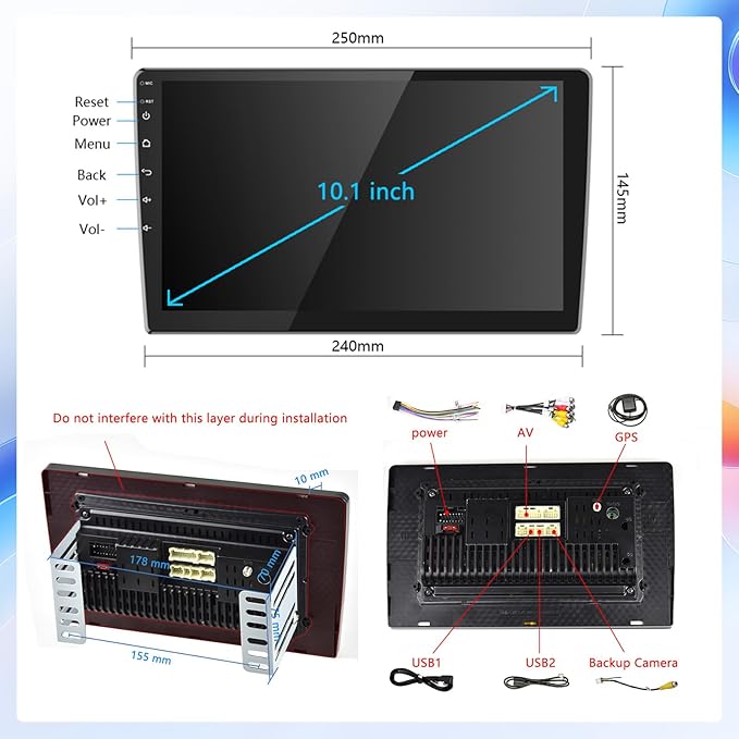 Double Din Car Stereo Radio Receiver, 10.1” 2.5D Curved HD Touch Screen Head - Image 7