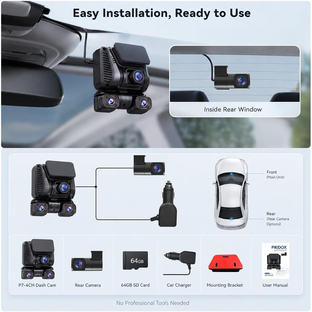 4K 4 Channel Dash Cam Front and Rear Inside Left Right, 360° View Wireless Ca...