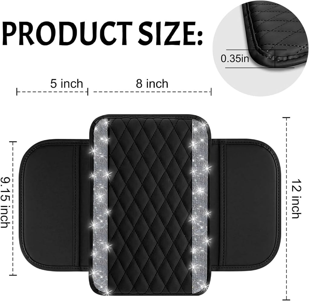 NBTEPEM Bling Car Center Console Cover, Leather Car Arm Rest Cover Cushion with 2 Storage Bags, Universal Auto Armrest Protector Storage Box, Bling Accessories Interior for Most Vehicles (Silver)