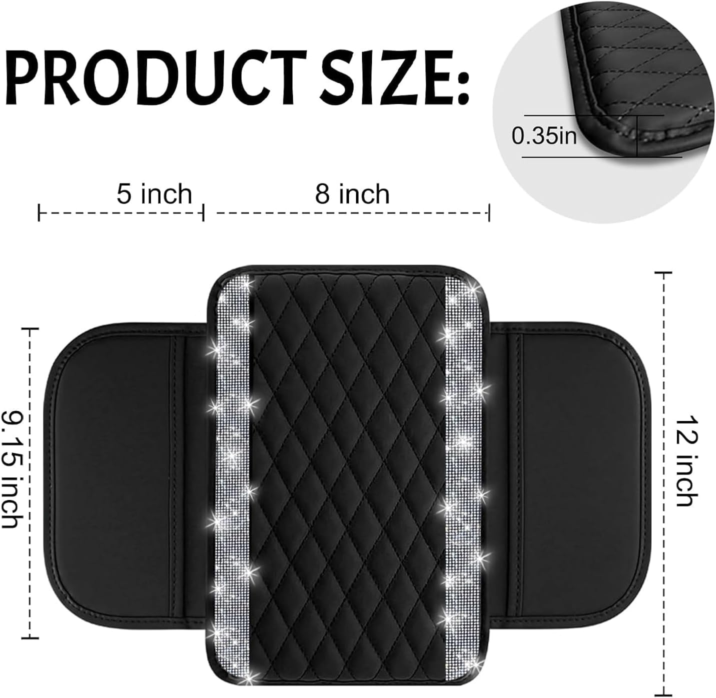 NBTEPEM Bling Car Center Console Cover, Leather Car Arm Rest Cover Cushion with 2 Storage Bags, Universal Auto Armrest Protector Storage Box, Bling Accessories Interior for Most Vehicles (Silver)