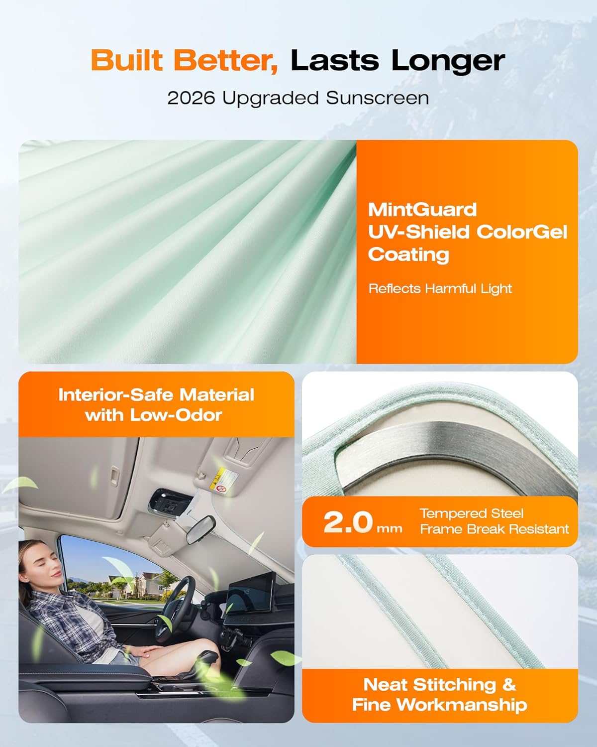 Windshield Sun Shade for Car, Cooling Car Windshield Shade, 99% UV Protection & Heat Insulation, Green & Beige Sunshade with Storage Bag, V-Cut Mirror Opening for Cars SUVs Trucks Vans 64"x 32"