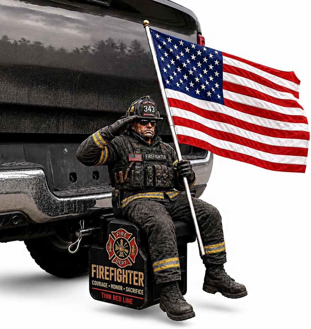Firefighter Thin Red Line Tribute Trailer Hitch Cover, New Hitch Cover with Saluting Firefighter & American Flag, Vehicle Patriotic Decoration Accessories, Fits 2" Truck SUV Hitch Receivers