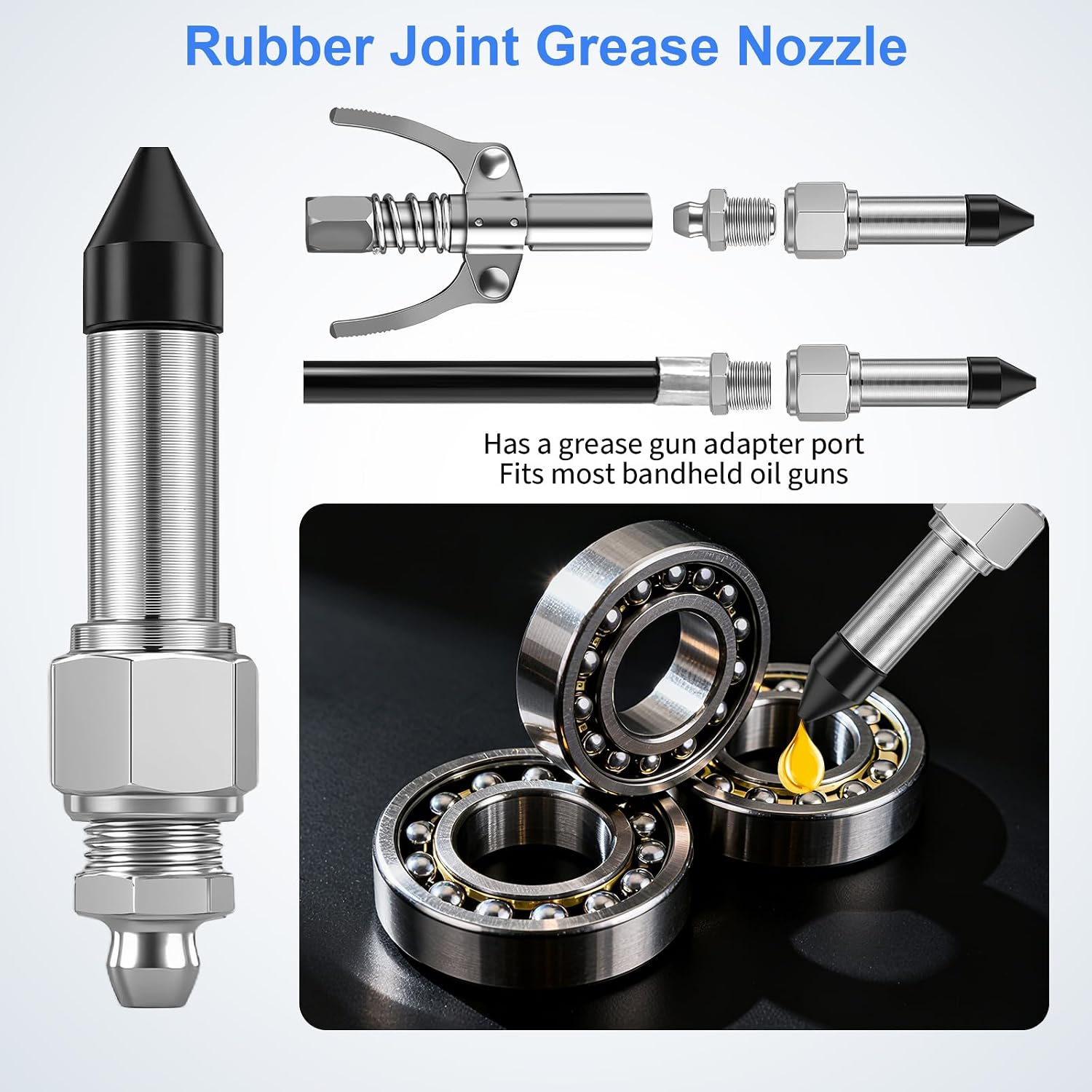 5PCS Grease Gun Needle Tips Accessories Kit, 1 Grease Needle Dispenser, 1 Rubber Joint Fitting, 1 Detachable Grease Needle Tip, 2 Needle Nozzles Tips for Narrow Tight Confined Deep Spaces ﻿