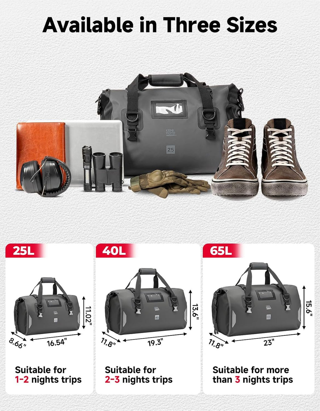 KEMIMOTO Waterproof Motorcycle Dry Bag – Duffle Tail Bag Soft Luggage, 25L/40L/65L Large Capacity with 4 Quick-Release Straps, Dustproof for Touring, Adventure, Motorcycling & Camping Grey