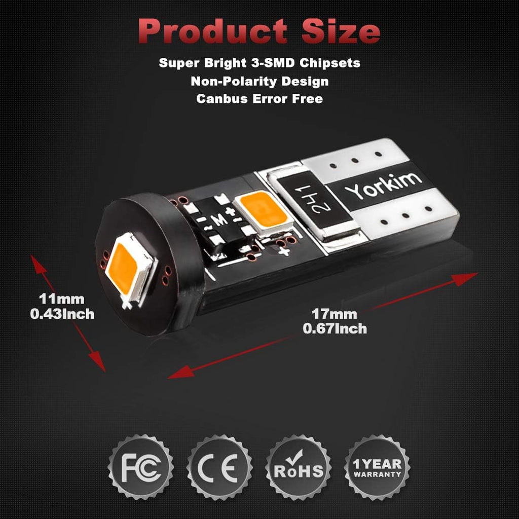 Yorkim 194 Led Bulb Amber Canbus Error Free 3-SMD 2835 Chipsets, T10 Amber Interior Led For Dome Map Door Courtesy License Plate Trunk lights with 194 168 W5W 2825 Socket, Pack of 10