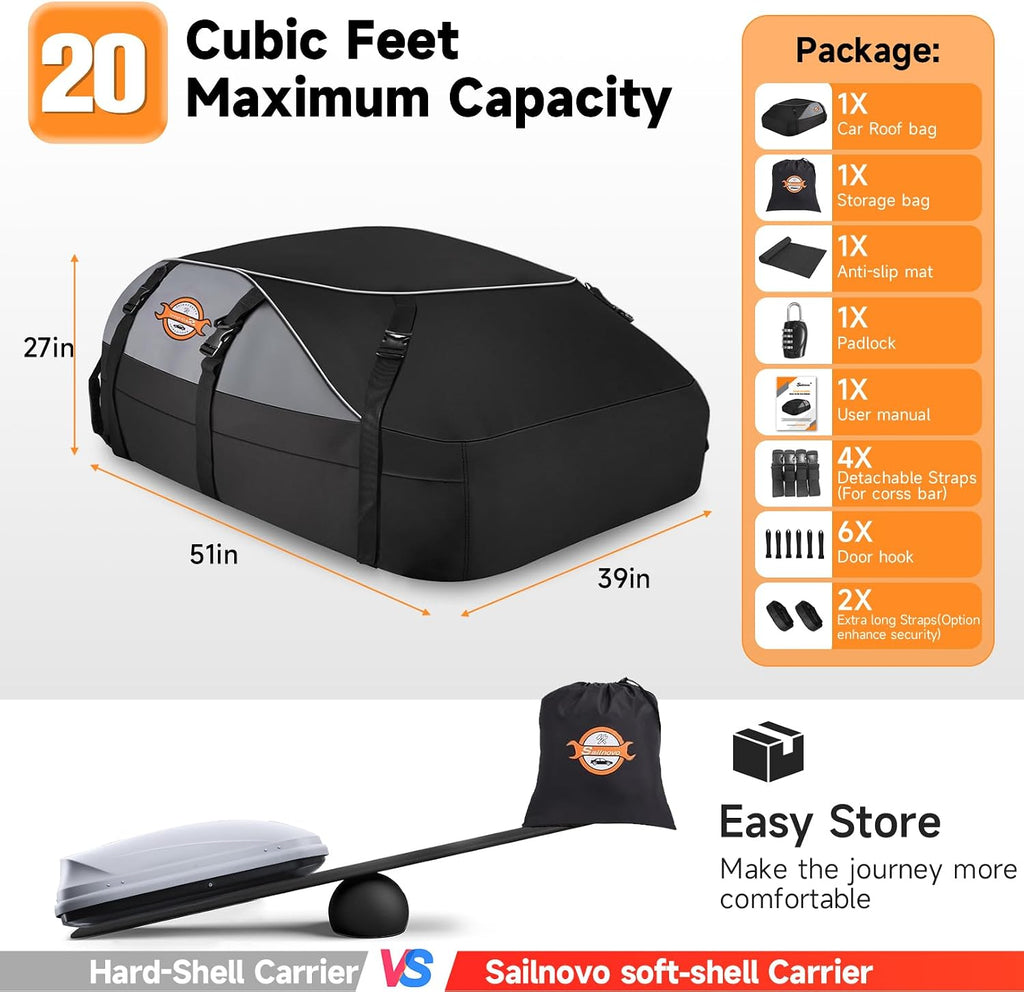 Sailnovo Rooftop Cargo Carrier Roof Bag, 20 Cubic feet Soft Waterproof Car Roof Bag fit Cars with/Without Rack, 6 Tie-Down Straps, 6 Door Hooks, Foldable Car Top Carrier for Road Trip Camping Travel