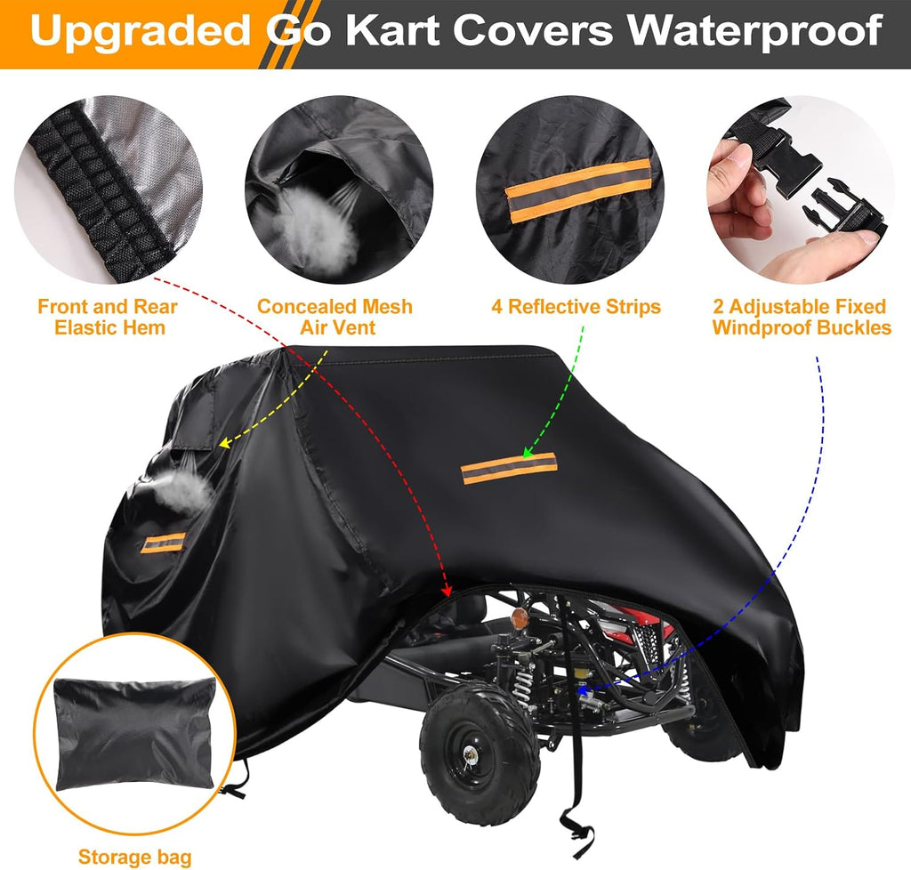 Large Go Kart Covers Waterproof,Heavy Duty 420D 2 Seater Go Kart Cover,Go Kart Accessories with Air Vent,4 Reflective Handles,2 Windproof Buckles,for Most 2-Seater Go-Kart Models