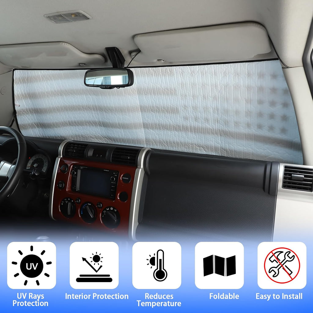 Windshield Sunshade Fit for Toyota FJ Cruiser 2007-2021, Folding Car Sun Shade for Front Window, Auto Sun Protection Visors Blocks UV Rays and Keeps Vehicle Cool, 1PC, American Flag Pattern