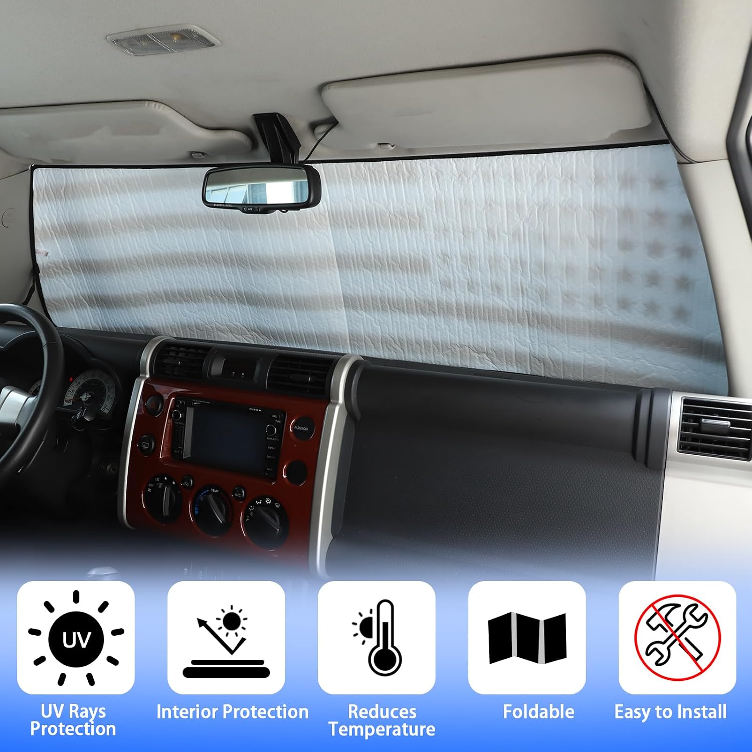 Windshield Sunshade Fit for Toyota FJ Cruiser 2007-2021, Folding Car Sun Shade for Front Window, Auto Sun Protection Visors Blocks UV Rays and Keeps Vehicle Cool, 1PC, American Flag Pattern