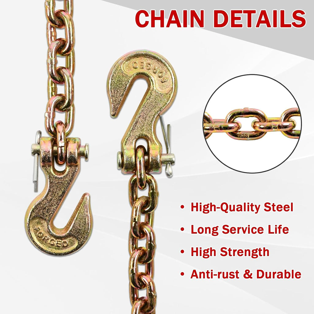 Heavy Duty G80 Transport Binder Chain 1/4'' Inch x 12 Feet,Tow Chain with G70 Clevis Grab Hooks,3300 lbs Safe Working Load Logging for Transporting, Towing(1/4'' x 12FT Yellow).