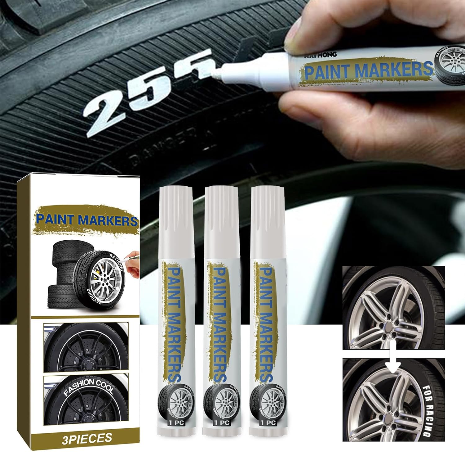 3Pieces White Paint Marker White Pens Pen for Car Tires Tire Position