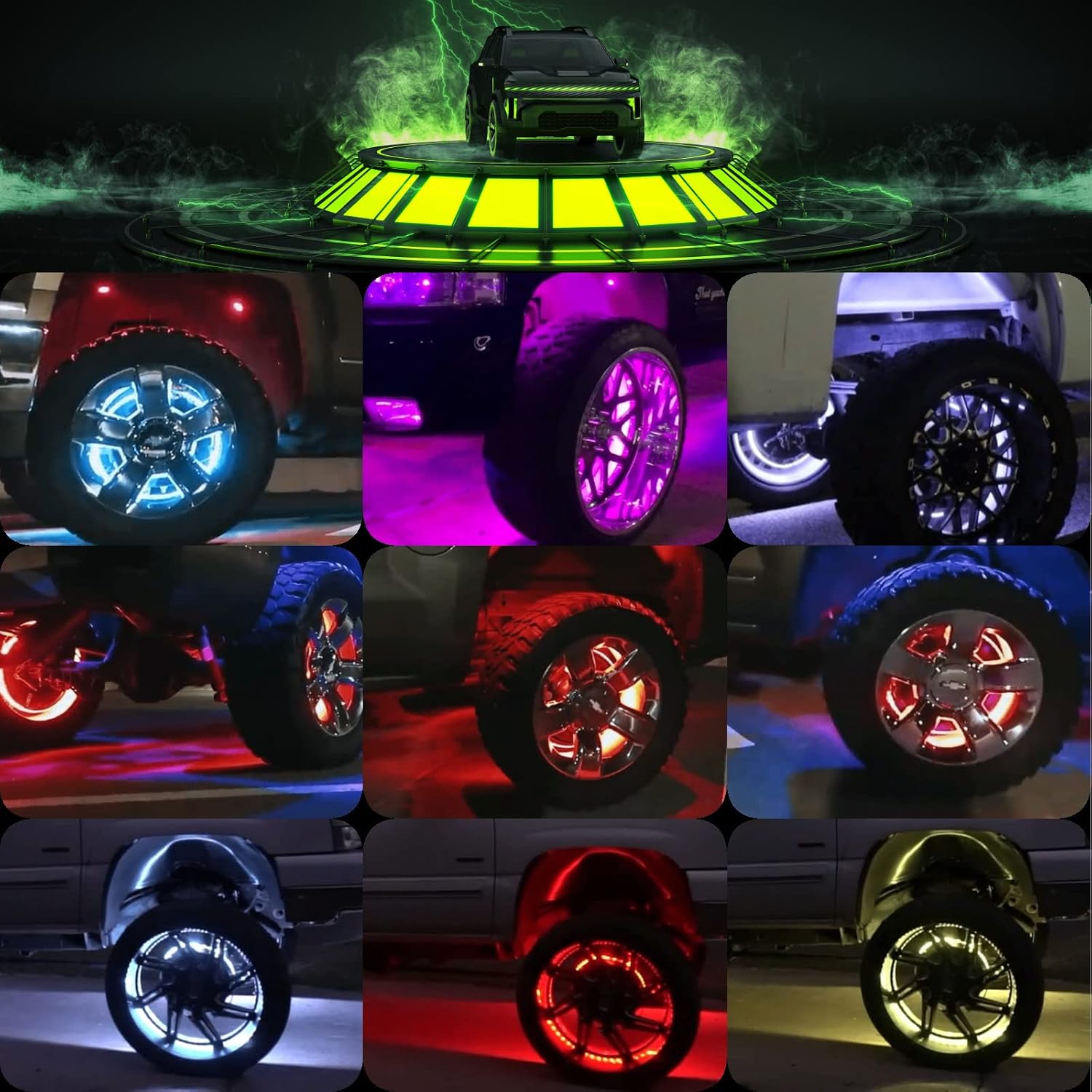 4pcs 17.5 inch Double Row Wheel Lights for Truck/Car/ATV/UTV, Dancing Chasing Color, LED Rim Wheel Ring Lights W/Turn Signal and Braking Function Controlled by Remote and App