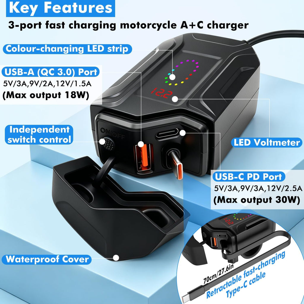 Motorcycle USB Charger 30W PD+18W QC3.0 with 70cm Retractable Type-C Cable,12–24V Waterproof Phone Charger USB Charging Port Adapter with Voltmeter & Switch,3A USB Cable for Dirt Bike,ATV