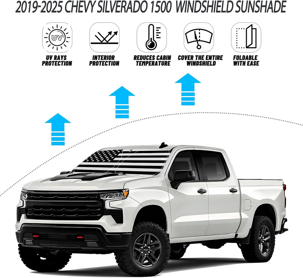 D-Lumina Windshield Sun Shade for 2019-2025 Chevy Silverado 1500 Accessories, Front Window Sunshade American Flag Sun Visor Protector Sun Shield Block UV Rays Heat, Foldable 2 Layers 210T Material