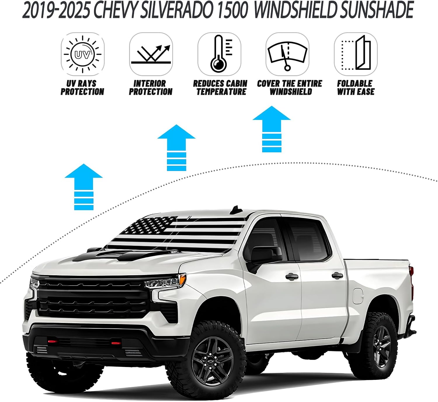 D-Lumina Windshield Sun Shade for 2019-2025 Chevy Silverado 1500 Accessories, Front Window Sunshade American Flag Sun Visor Protector Sun Shield Block UV Rays Heat, Foldable 2 Layers 210T Material